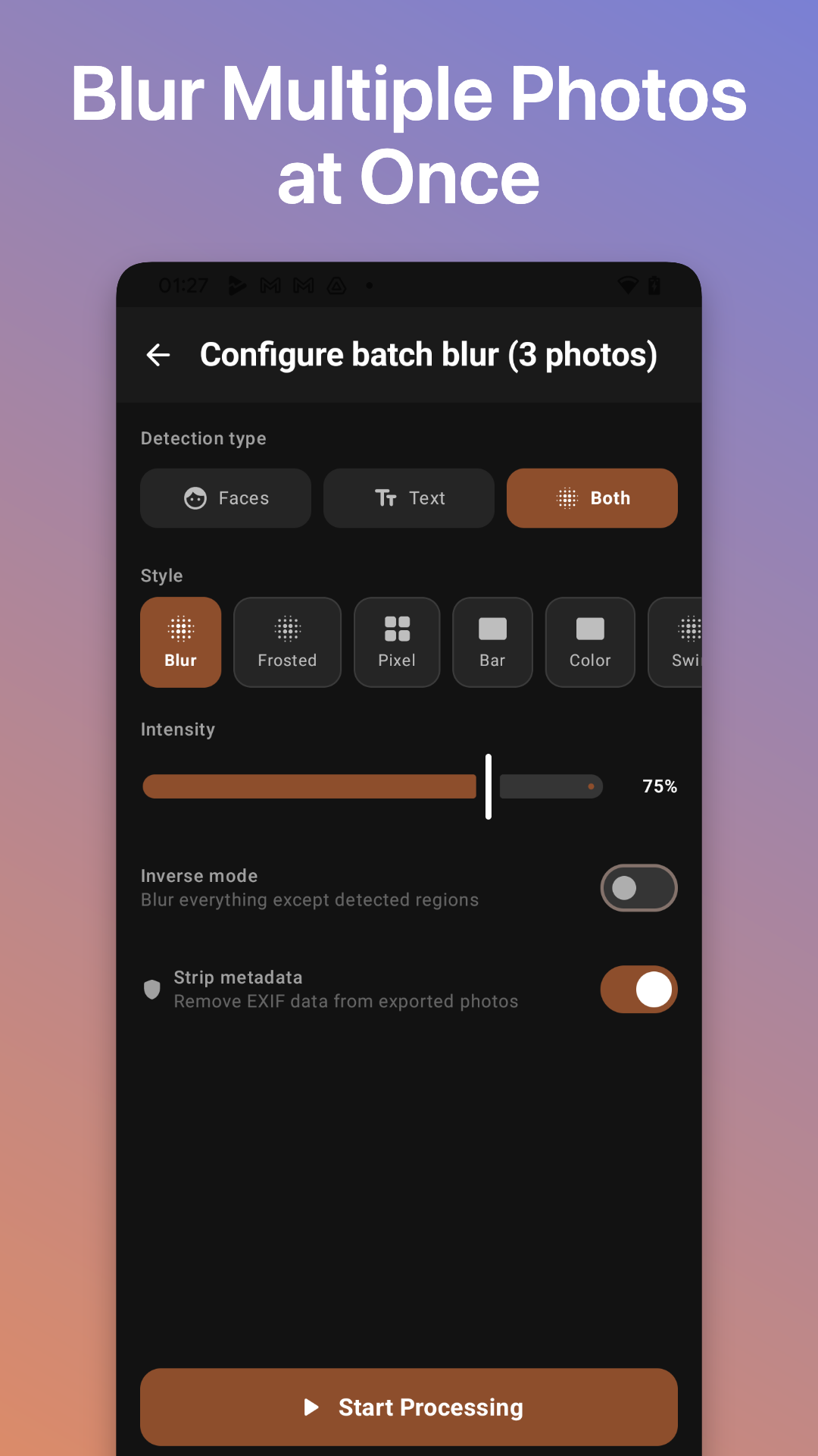 Batch blur configuration screen for multiple photos