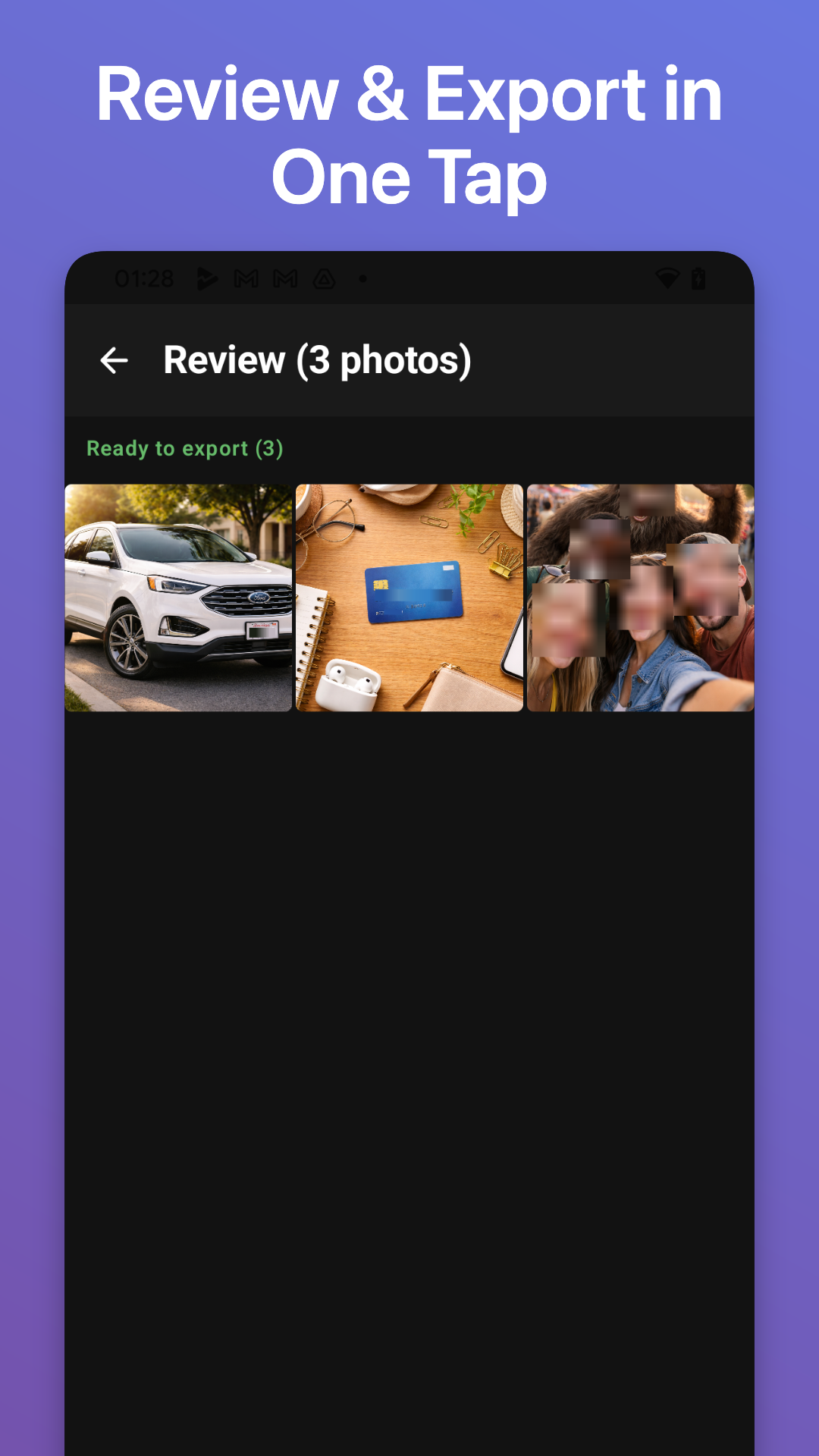 Batch review screen with blurred photos ready to export